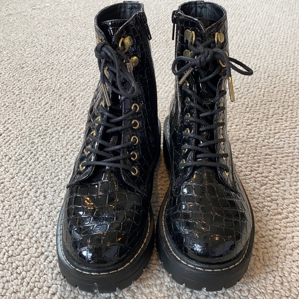 Topshop Black Croc Patent Combat Boots